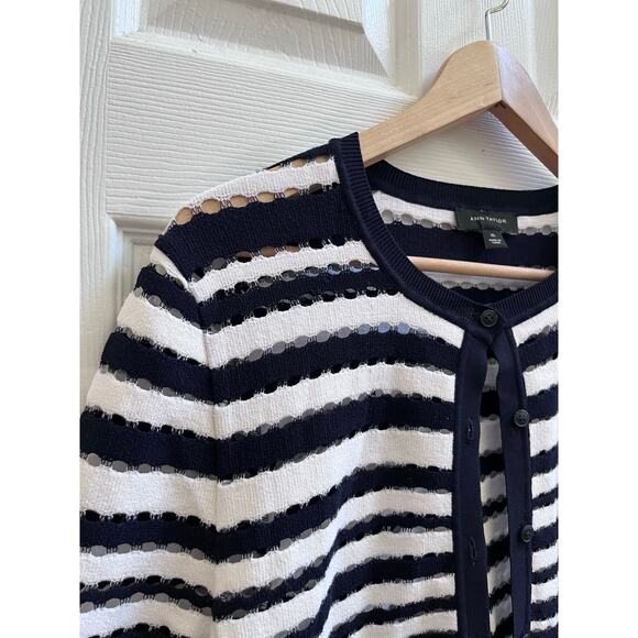 Ann Taylor Blue White Viscose Blend Eyelet Cardigan Size XL Office Nautical - Picture 4 of 11